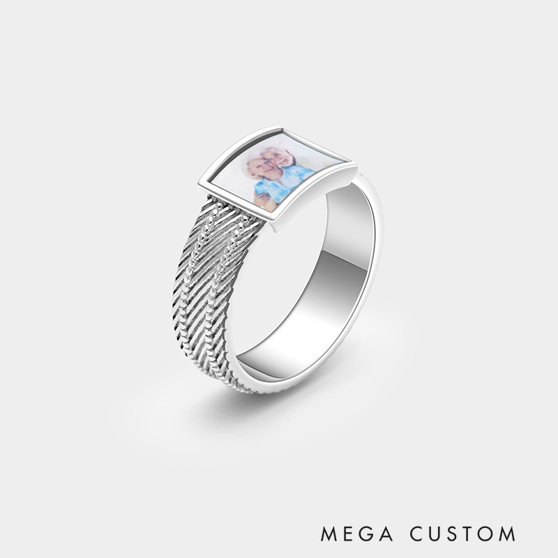 Personalized Sterling Silver Photo Ring – Custom Picture Band with Intricate Textured Design 925 Sterling Silver Gifts for Her