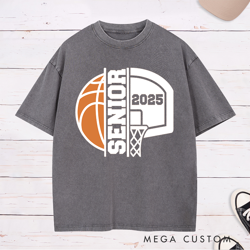 Personalized Washed T-Shirt Design Featuring Bold Basketball Graphics Highlighting "Senior" Status and a Customizable Graduation Year