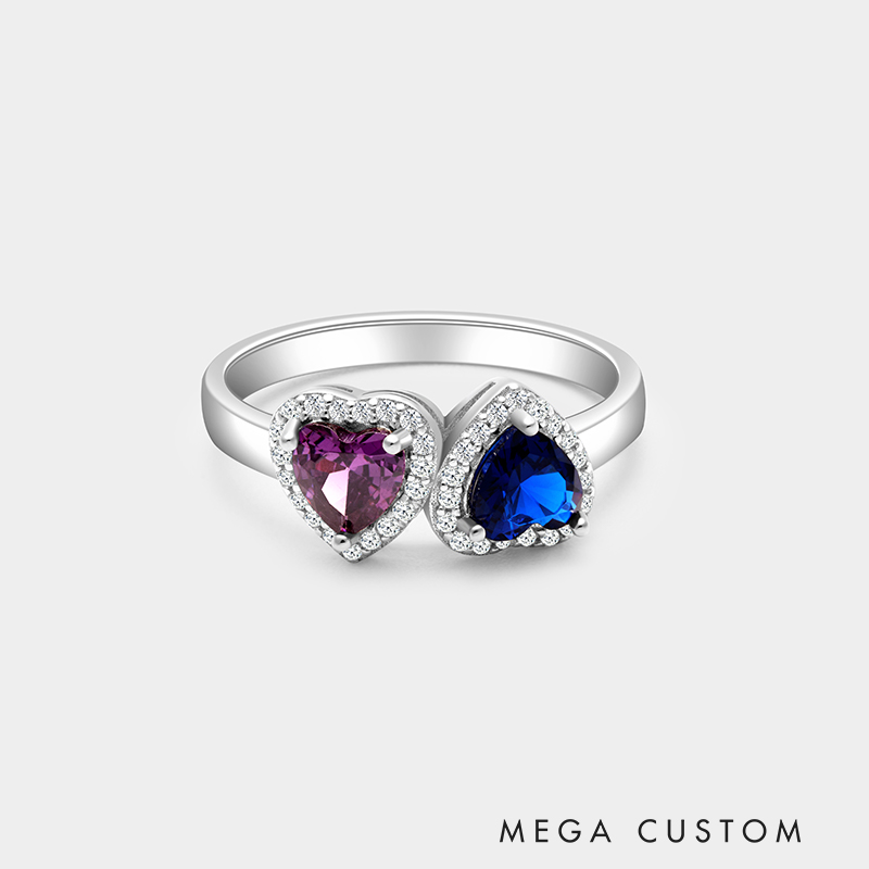 Personalized Sterling Silver Double Heart Ring – Custom Name and Dual Birthstone Jewelry