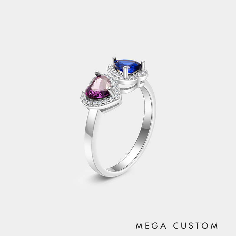 Personalized Sterling Silver Double Heart Ring – Custom Name and Dual Birthstone Jewelry