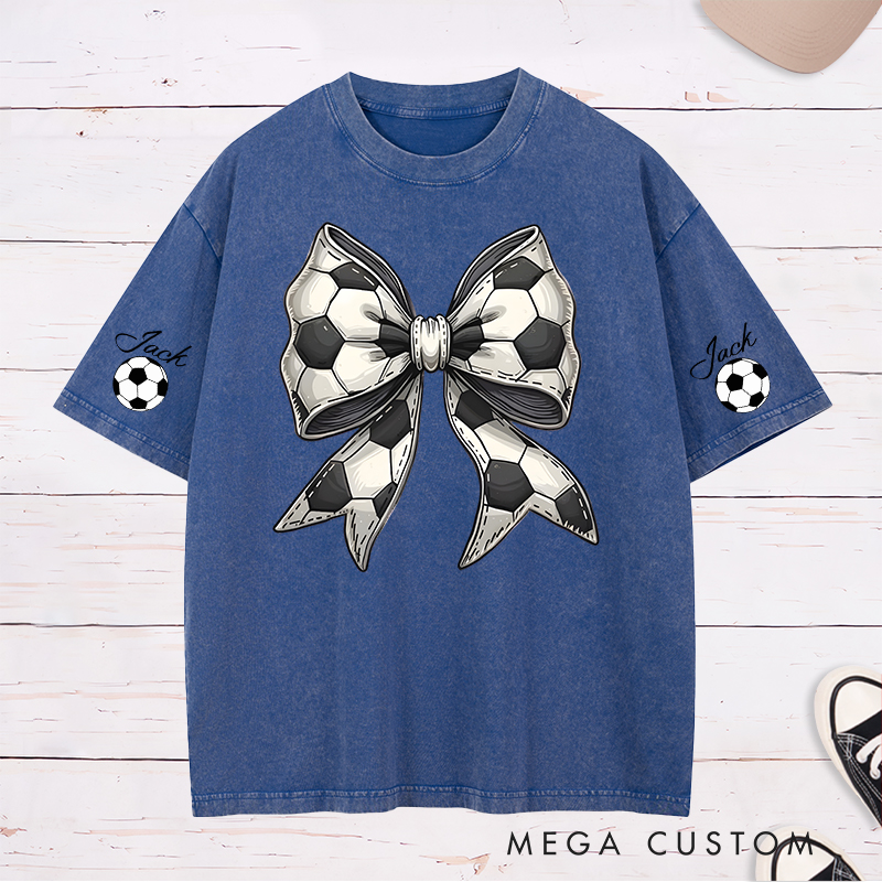 Personalized Soccer Washed T-Shirt with Stylish Soccer Ball Bow and Custom Name
