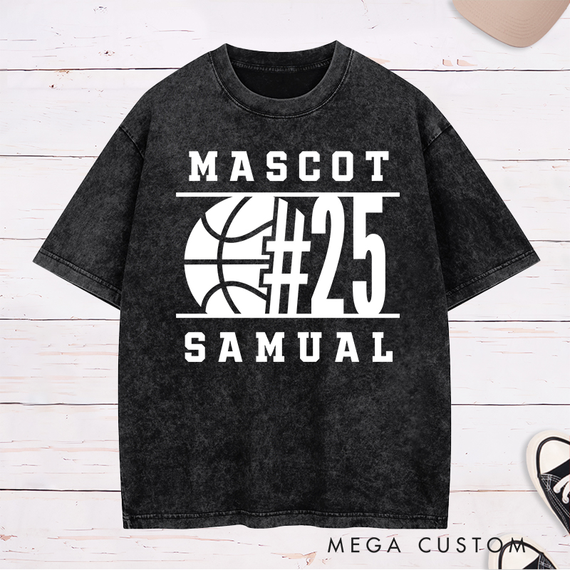 Personalized Washed T-Shirt Design Featuring Bold Basketball Graphic with Customizable Team Name Player Number and Personal Name