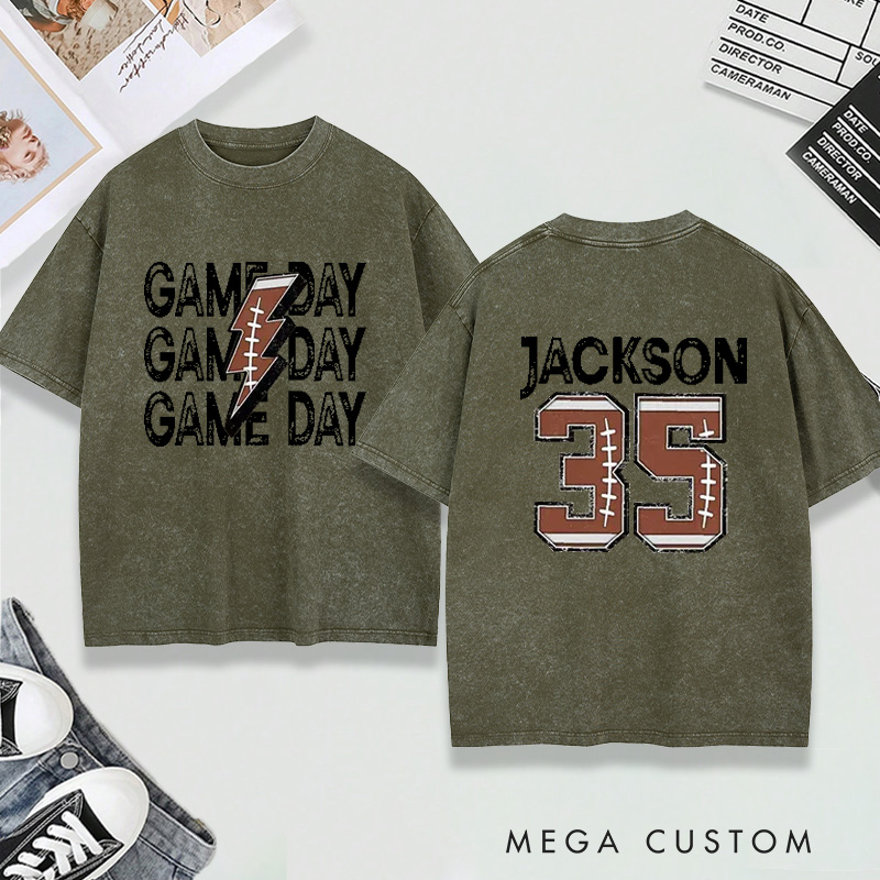 Personalized Washed T-Shirt Game Day Football with Custom Name and Number Design