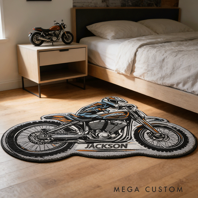 Personalized Motorcycle Shaped Rug Custom Name Rug Gift for Bikers and Garage Decor