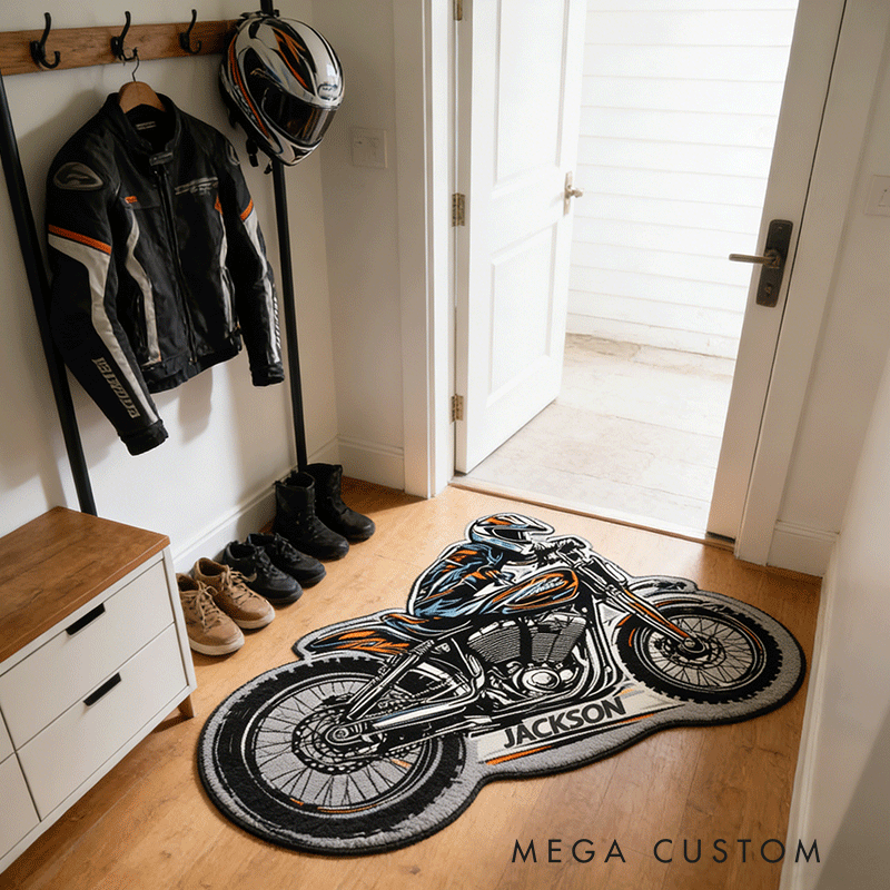 Personalized Motorcycle Shaped Rug Custom Name Rug Gift for Bikers and Garage Decor