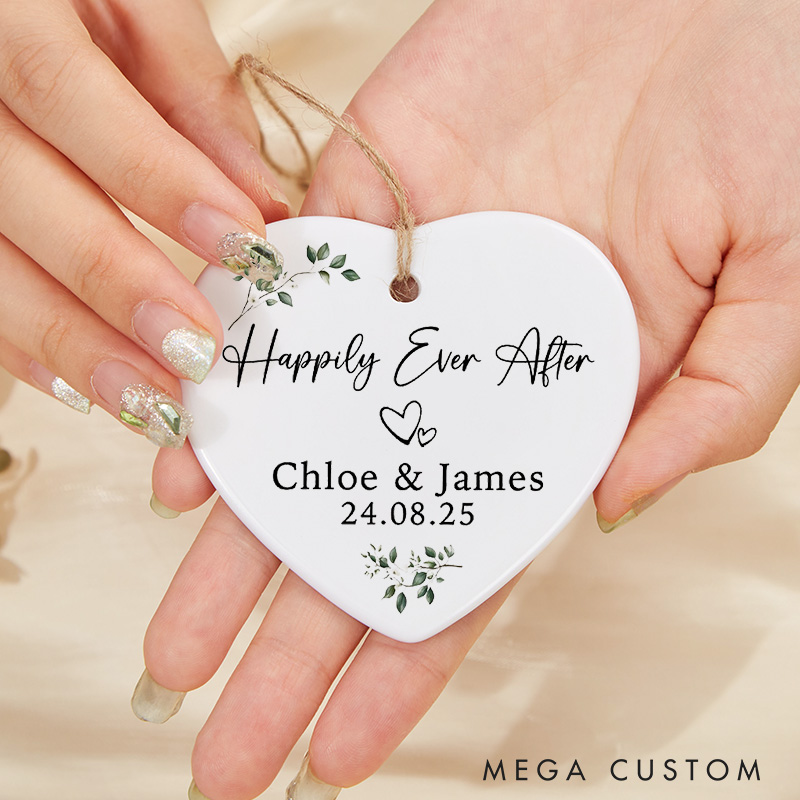 Personalized Happily Ever After Wedding Ceramic Heart Shape Ornament