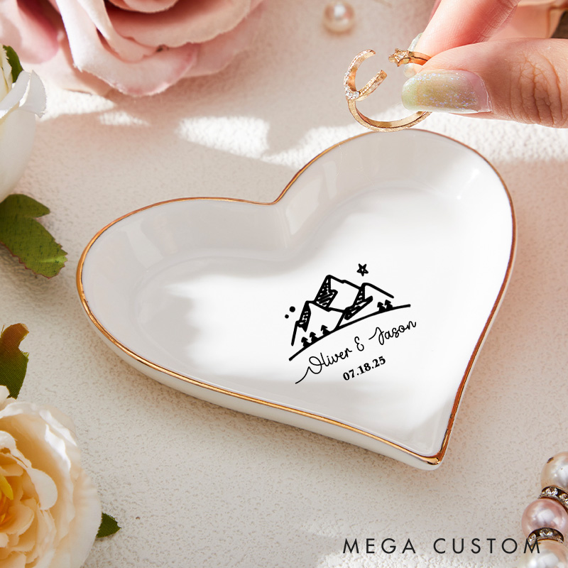 Personalized Adventure-Inspired Mountain Under the Night Sky Wedding Engagement Gold-Trimmed Ring Dishes