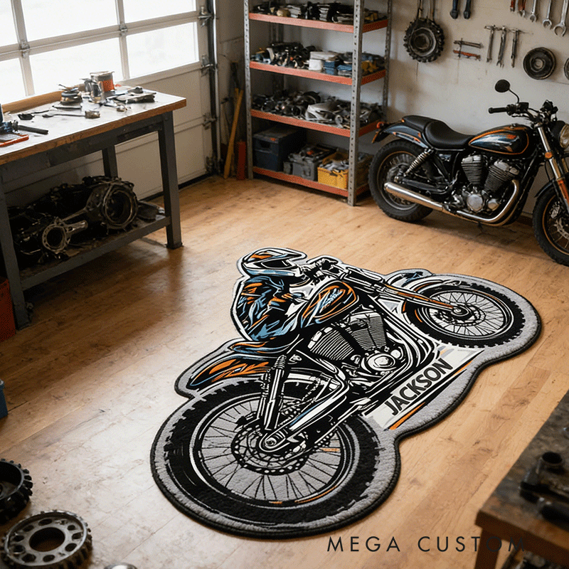 Personalized Motorcycle Shaped Rug Custom Name Rug Gift for Bikers and Garage Decor