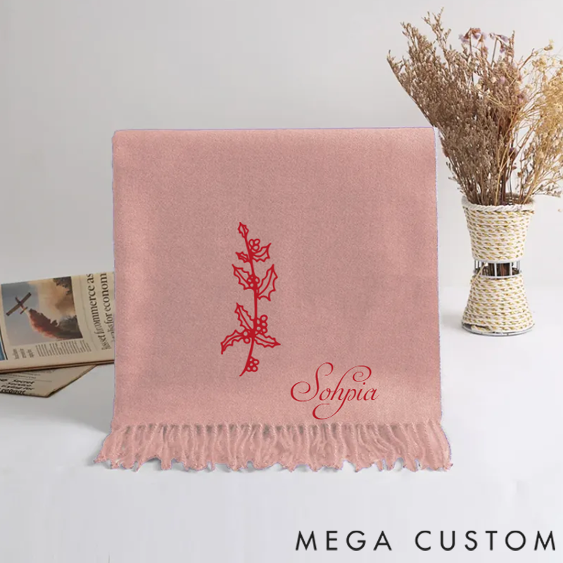 Personalized Super Soft Warm Scarf with Embroidered Birth Flower and Text Fashion Accessory Birthday Christmas Gift for Couple Family