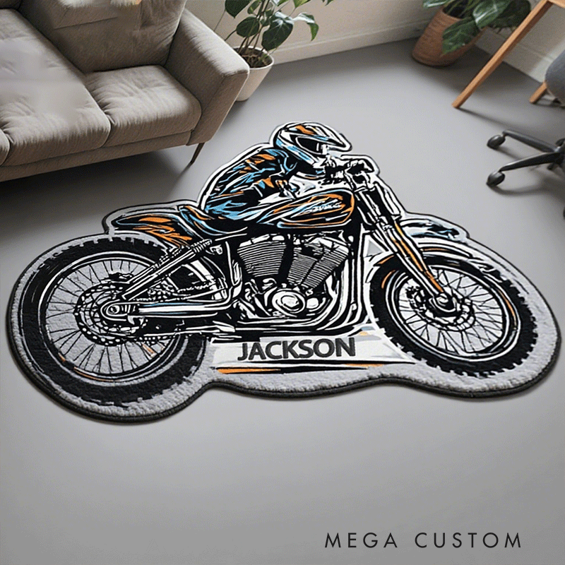 Personalized Motorcycle Shaped Rug Custom Name Rug Gift for Bikers and Garage Decor