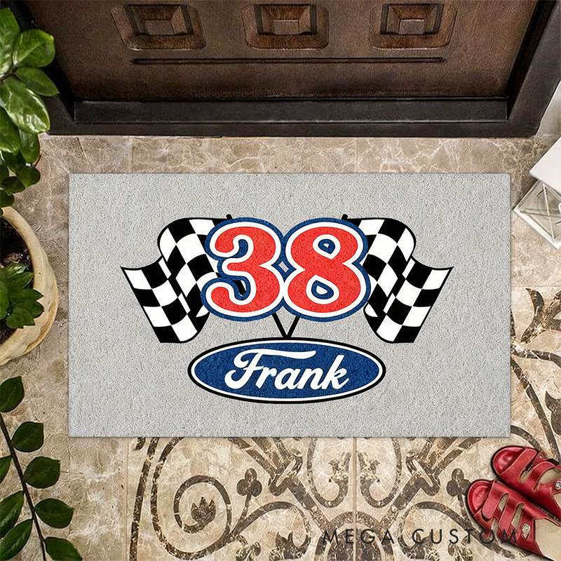 Personalized Checkered Flag Door Mat Custom Name and Number Welcome Mat for Racer and Racing Lovers