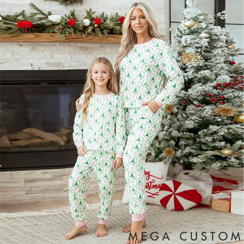 Personalized Christmas Trees and Bows Pajama Set for Mom and Daughter