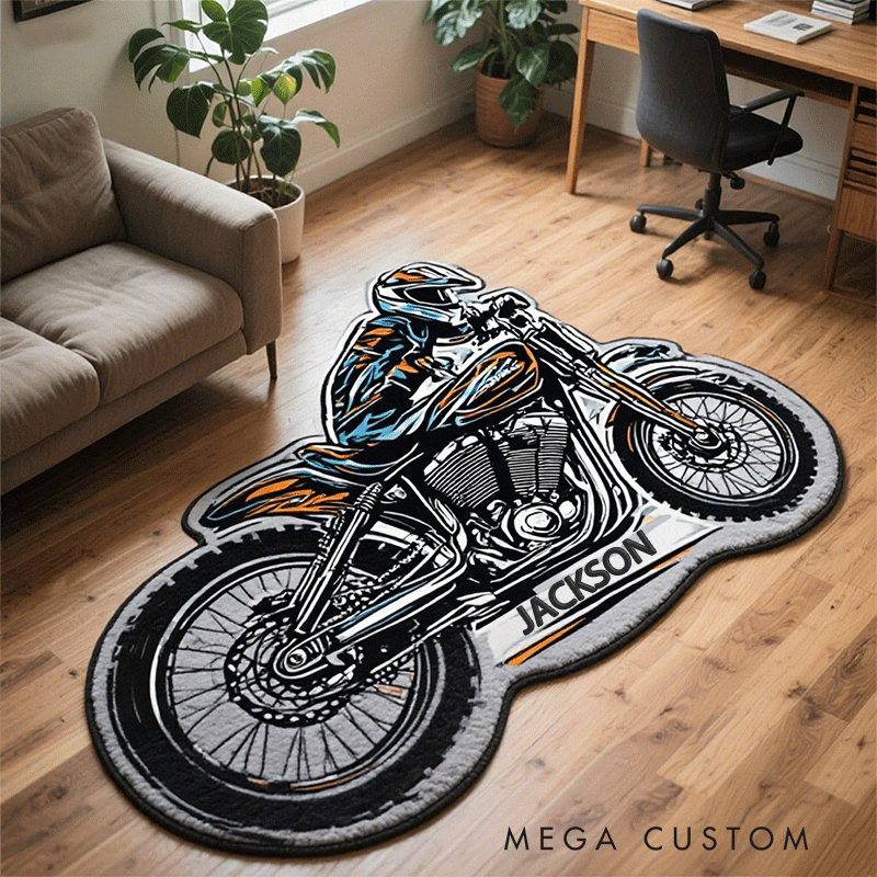 Personalized Motorcycle Shaped Rug Custom Name Rug Gift for Bikers and Garage Decor