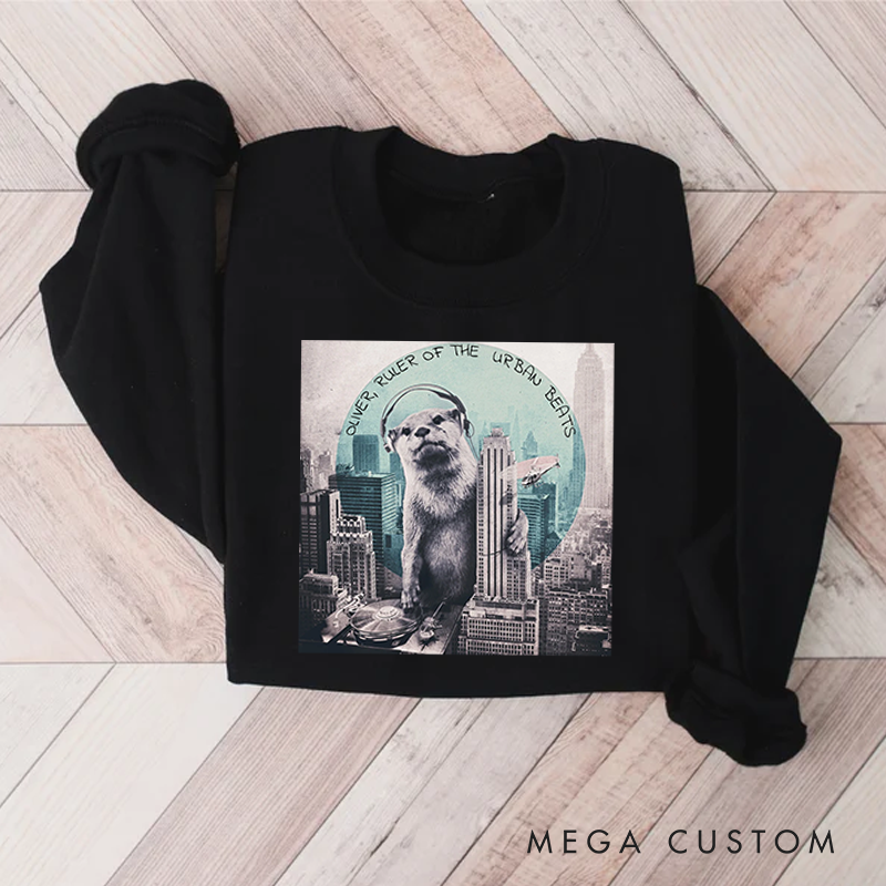 Personalized Classic Sweatshirts Funny Otter DJ Skyline Design and Unique Otter DJ Music Lover Sweatshirt