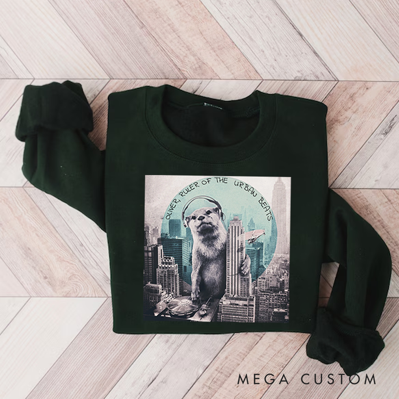 Personalized Classic Sweatshirts Funny Otter DJ Skyline Design and Unique Otter DJ Music Lover Sweatshirt