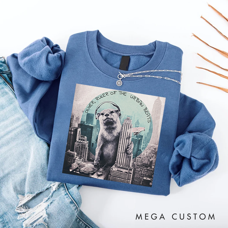 Personalized Classic Sweatshirts Funny Otter DJ Skyline Design and Unique Otter DJ Music Lover Sweatshirt
