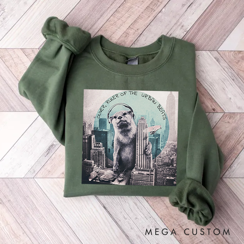 Personalized Classic Sweatshirts Funny Otter DJ Skyline Design and Unique Otter DJ Music Lover Sweatshirt