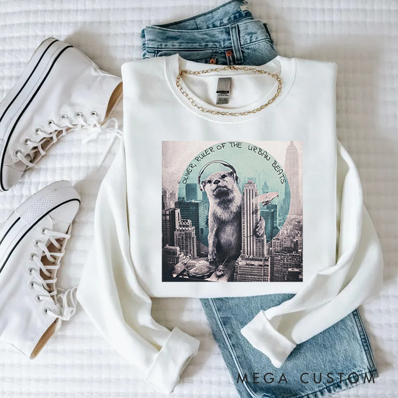 Personalized Classic Sweatshirts Funny Otter DJ Skyline Design and Unique Otter DJ Music Lover Sweatshirt