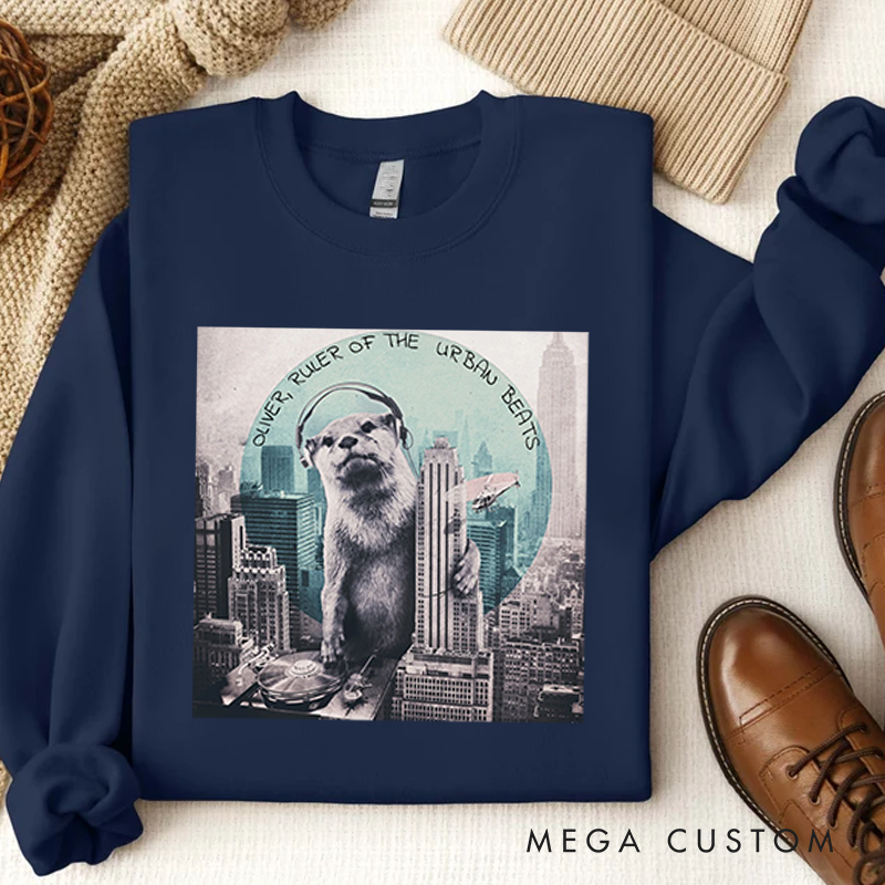 Personalized Classic Sweatshirts Funny Otter DJ Skyline Design and Unique Otter DJ Music Lover Sweatshirt