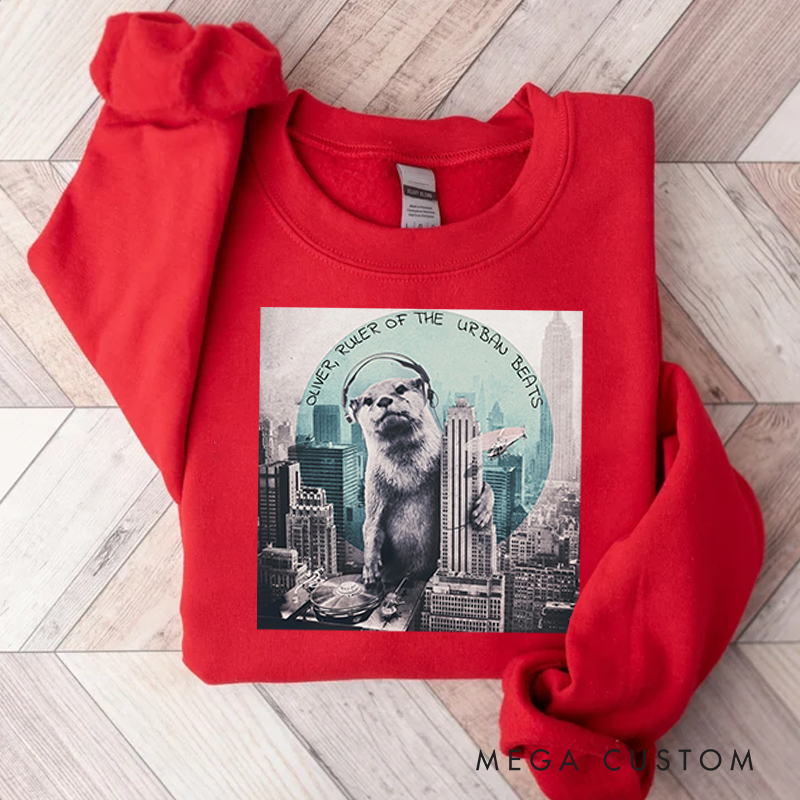 Personalized Classic Sweatshirts Funny Otter DJ Skyline Design and Unique Otter DJ Music Lover Sweatshirt