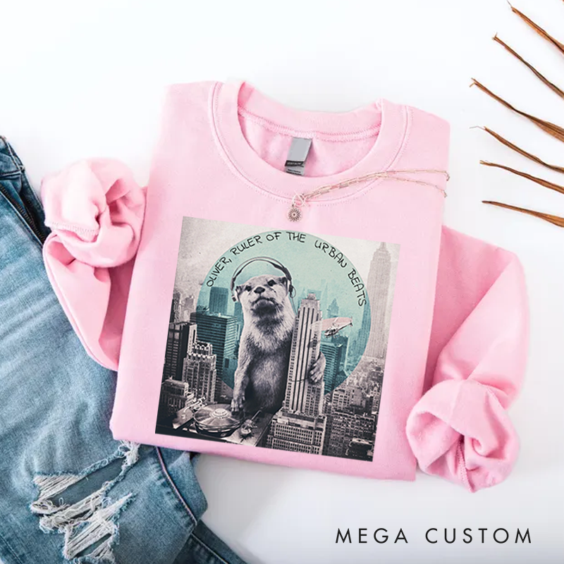 Personalized Classic Sweatshirts Funny Otter DJ Skyline Design and Unique Otter DJ Music Lover Sweatshirt