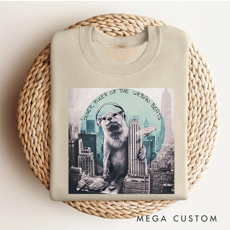 Personalized Classic Sweatshirts Funny Otter DJ Skyline Design and Unique Otter DJ Music Lover Sweatshirt