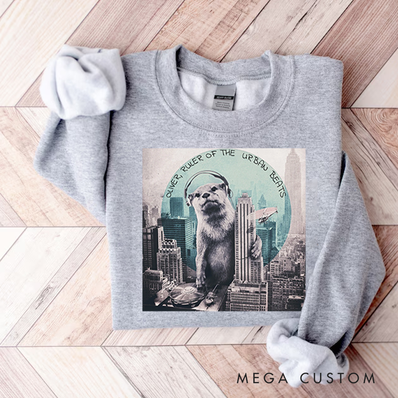 Personalized Classic Sweatshirts Funny Otter DJ Skyline Design and Unique Otter DJ Music Lover Sweatshirt