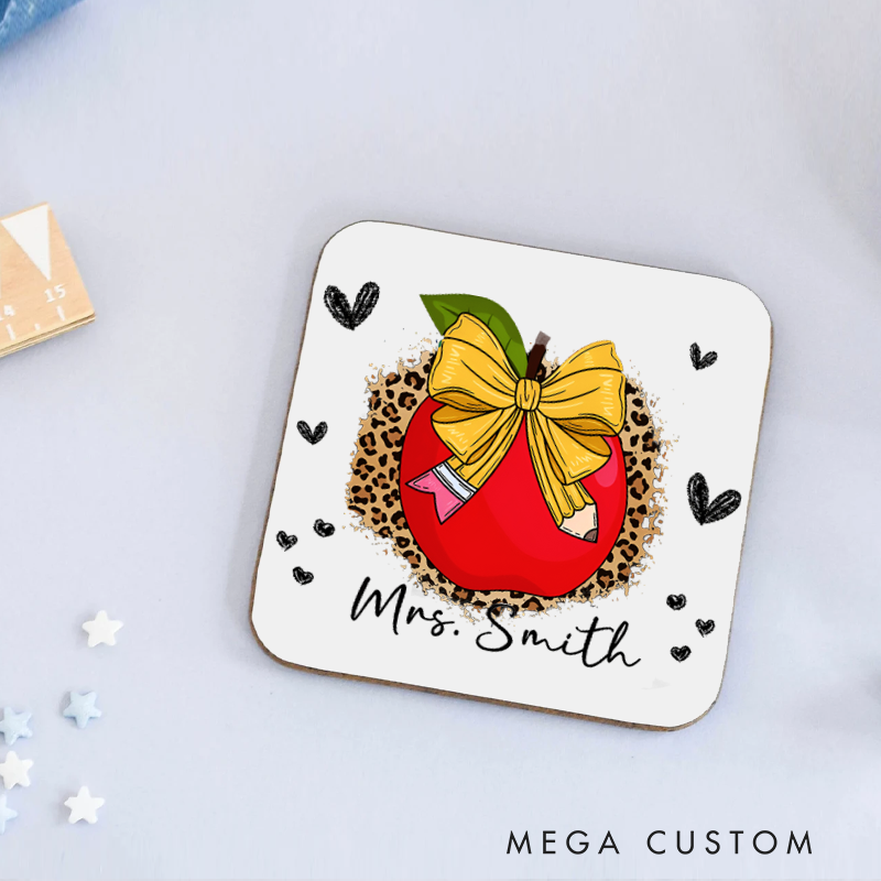 Personalized Coasters for Teachers Apple Bow Heart Appreciation Gift for Teachers