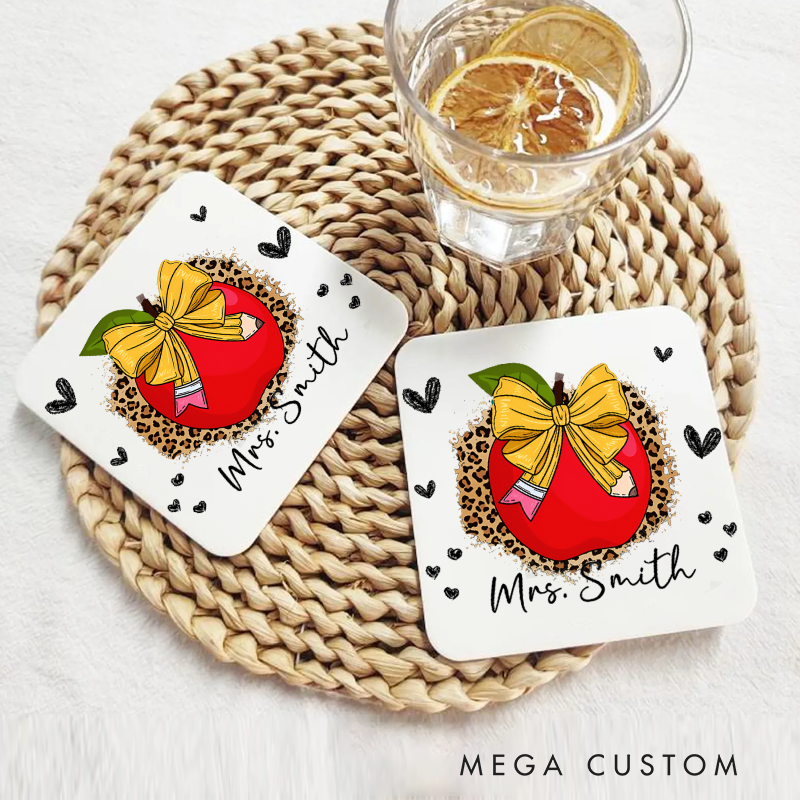 Personalized Coasters for Teachers Apple Bow Heart Appreciation Gift for Teachers