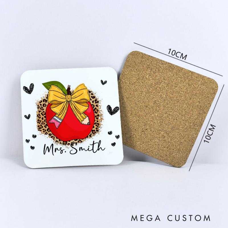 Personalized Coasters for Teachers Apple Bow Heart Appreciation Gift for Teachers