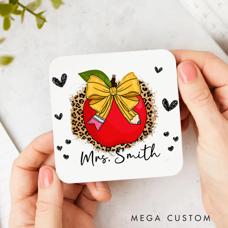 Personalized Coasters for Teachers Apple Bow Heart Appreciation Gift for Teachers