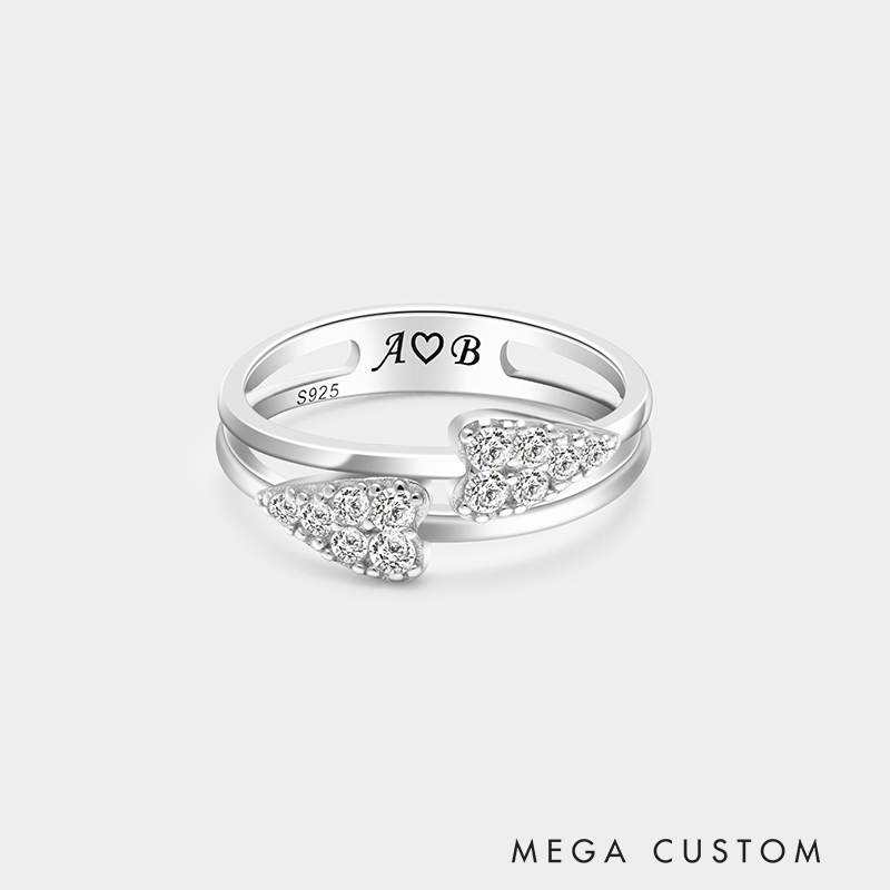 Personalized Sterling Silver Double Heart Ring – Custom Initials, Name, and Birthstone Romantic Jewelry