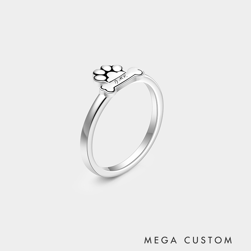 Personalized Custom Name Paw and Bone Ring 925 Sterling Silver Personalized Engraved Pet Lover Jewelry Gift for Dog Mom 925 Sterling Silver