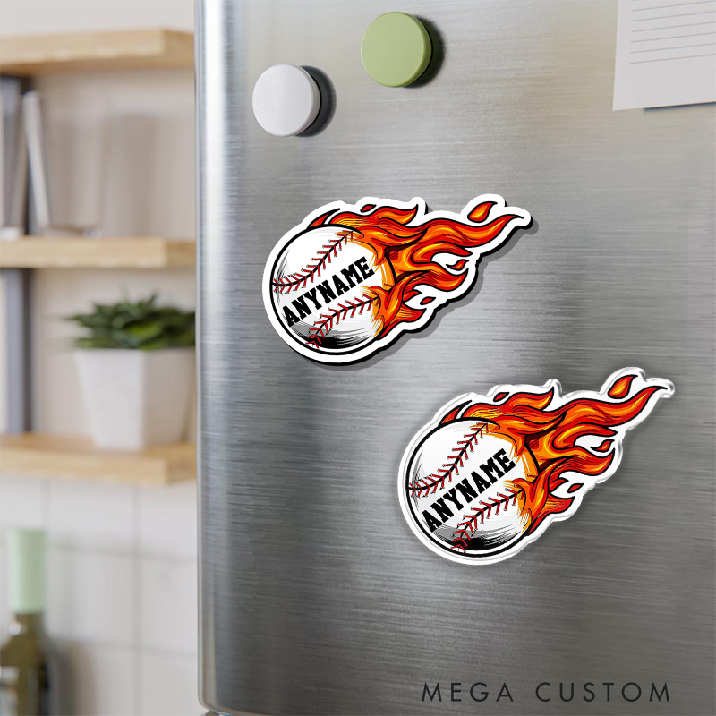 Personalized Baseball Fridge Magnet with Flaming Ball and Custom Name 