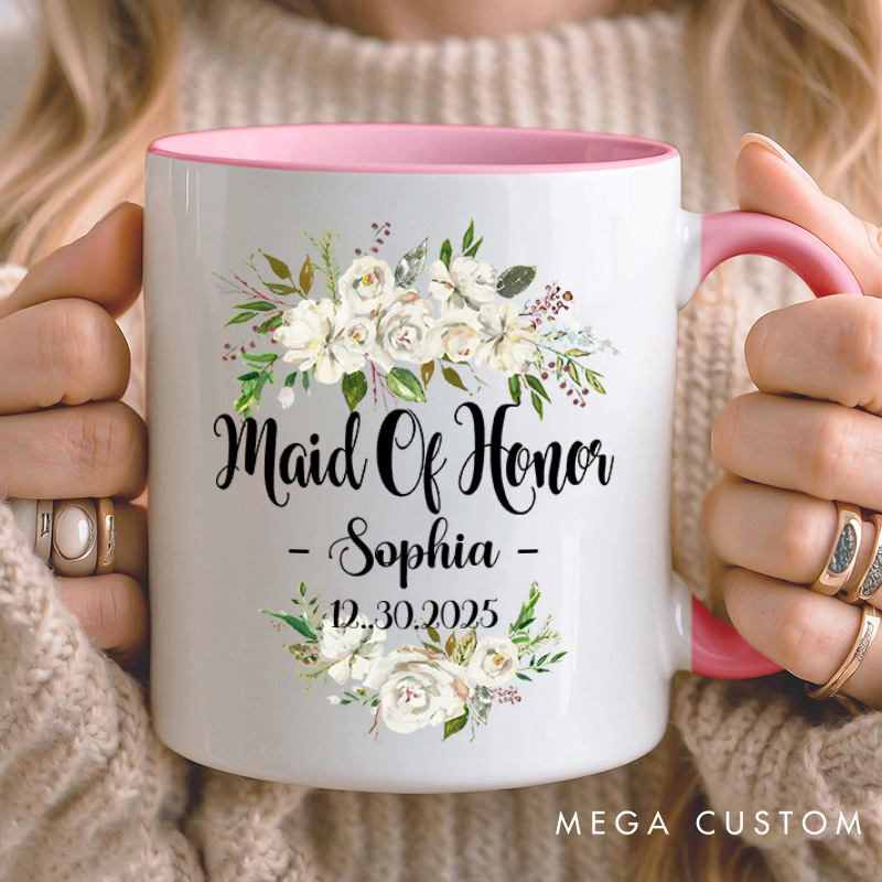 Personalized Maid of Honor White Floral Mug Name Bridesmaid Mug Bachelorette Party Mug with Date Bridesmaid Proposal Gift for Her Bridal Shower Mug