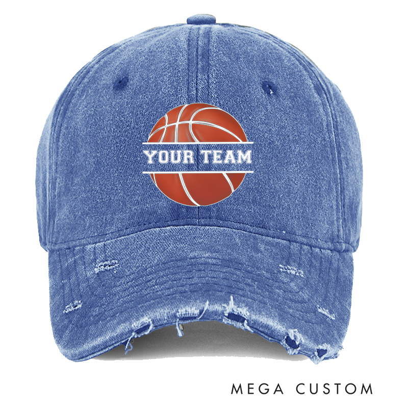 Personalized Distressed Denim Basketball Cap with Team Name and Bold Graphic Design