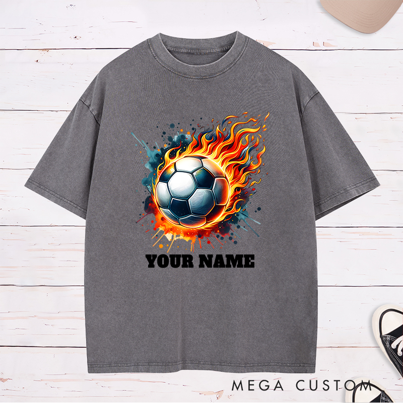 Personalized Flaming Soccer Ball Washed T-Shirt with Custom Name  