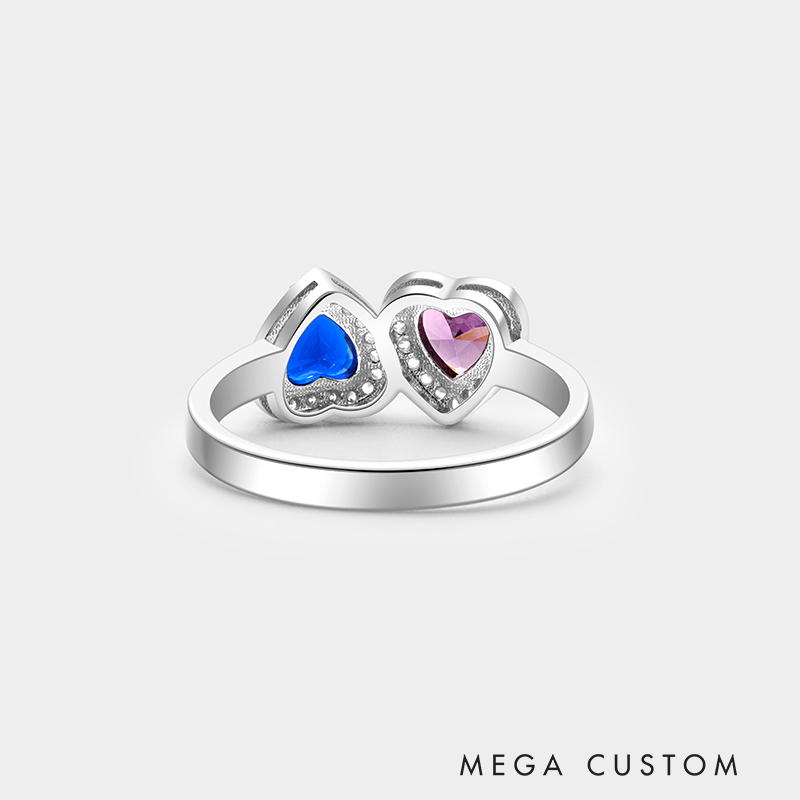 Personalized Sterling Silver Double Heart Ring – Custom Name and Dual Birthstone Jewelry