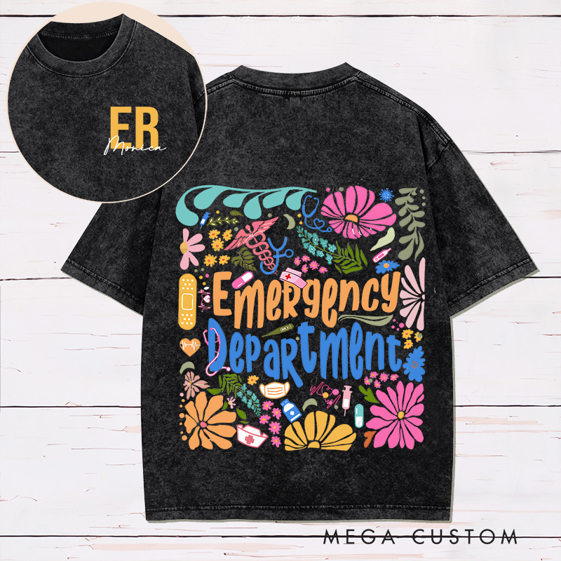 Personalized Two Sides Printed Washed T-Shirt Customized Emergency Department Vibrant Floral Design Washed T-Shirt 