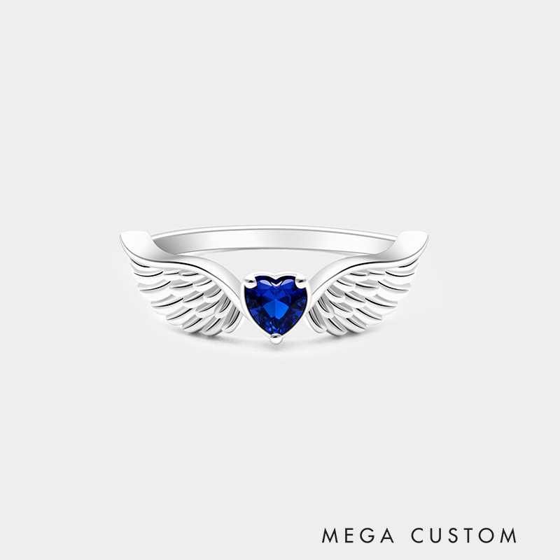 Personalized Sterling Silver Angel Wing Ring – Custom Name and Birthstone Elegant Jewelry Design