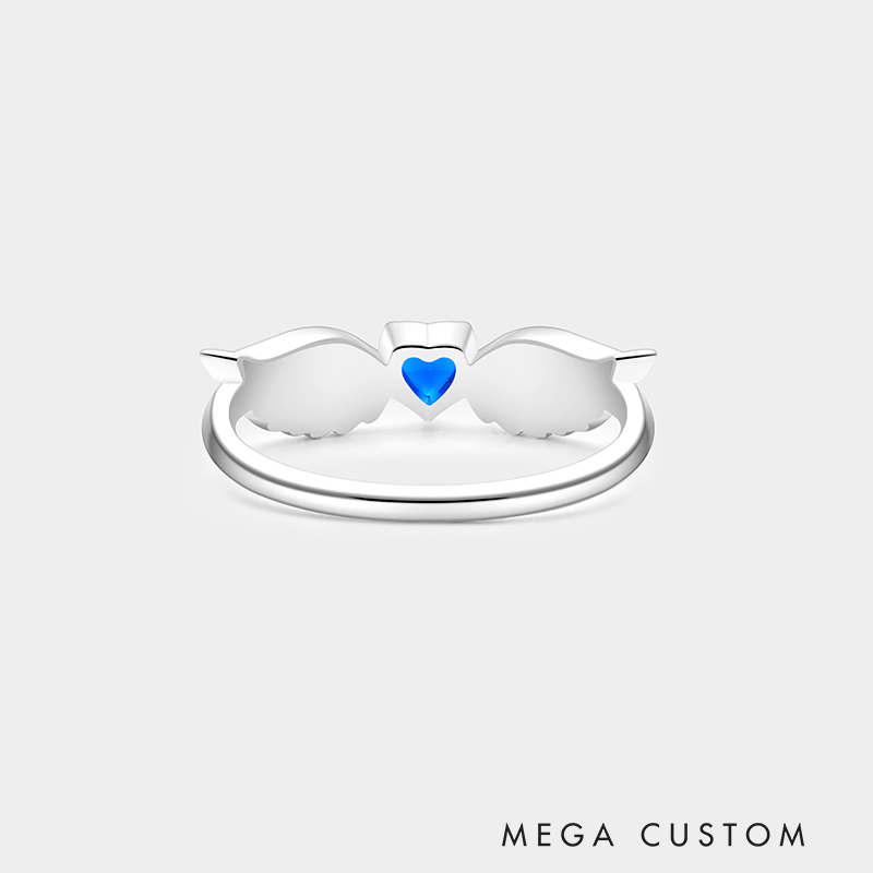 Personalized Sterling Silver Angel Wing Ring – Custom Name and Birthstone Elegant Jewelry Design