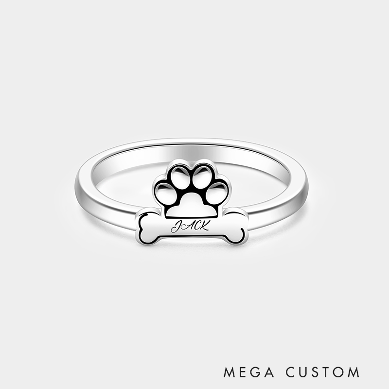 Personalized Custom Name Paw and Bone Ring 925 Sterling Silver Personalized Engraved Pet Lover Jewelry Gift for Dog Mom 925 Sterling Silver