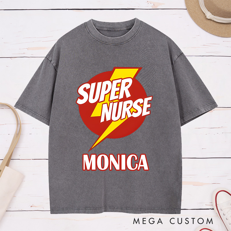 Personalized Nurse Washed T-Shirt Customized Super Nurse Design Washed T-Shirt 