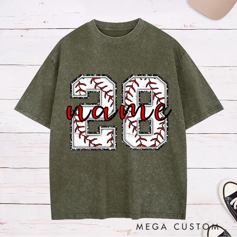 Personalized Baseball Washed T-Shirt Featuring Distressed Numbers and Custom Name and Number