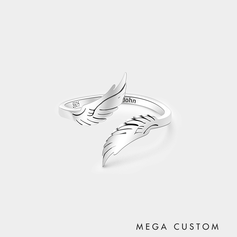 Personalized Sterling Silver Angel Wing Ring – Custom Name Engraved Open Design Jewelry