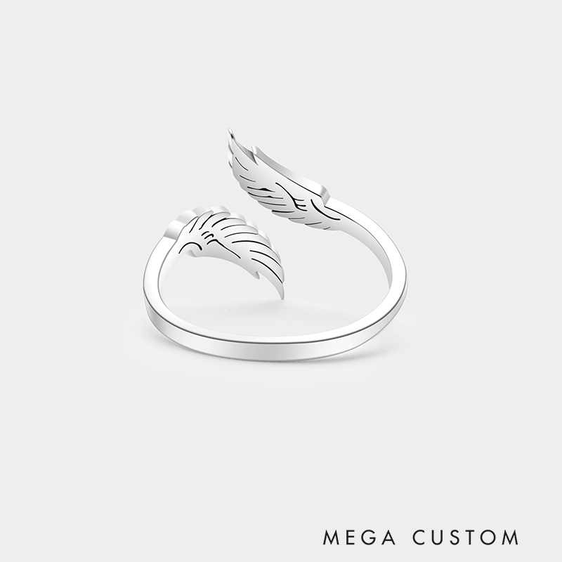 Personalized Sterling Silver Angel Wing Ring – Custom Name Engraved Open Design Jewelry