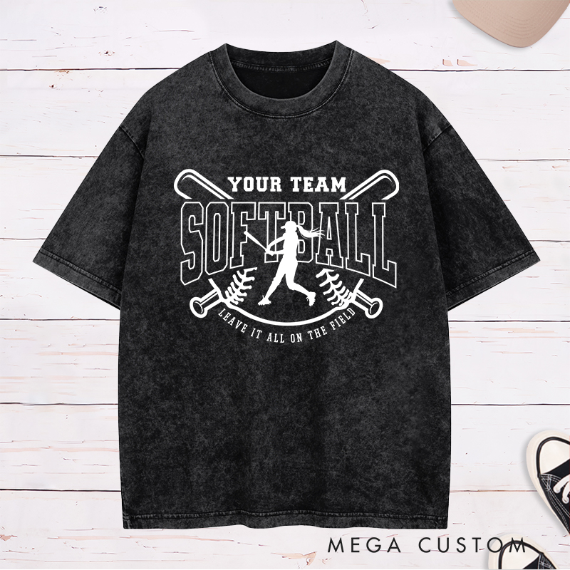 Softball Team Washed T-Shirt Featuring Customizable Team Name Player Silhouette and Motivational Slogan Design