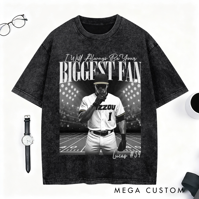 Personalized "I’ll Always Be Your Fan" Baseball Washed T-Shirt with Custom Photo and Name