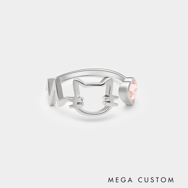Personalized Cat-Themed Sterling Silver Ring – Custom Name and Birthstone Open Design Jewelry 925 Sterling Silver Gifts for Her