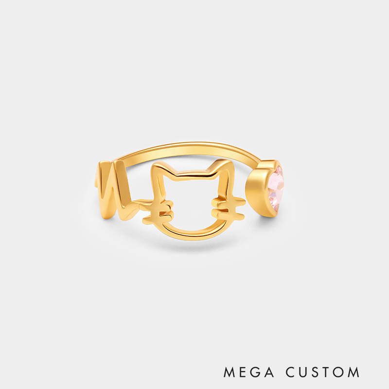 Personalized Cat-Themed Sterling Silver Ring – Custom Name and Birthstone Open Design Jewelry 925 Sterling Silver Gifts for Her